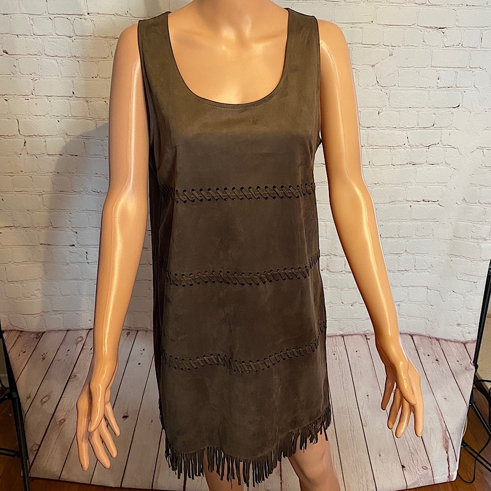 Sans Souci brown faux suede boho dress with tassels size medium
